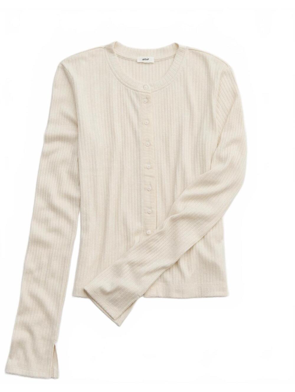 Aerie Cream Sparkle Ribbed Button-Front Cardigan Medium